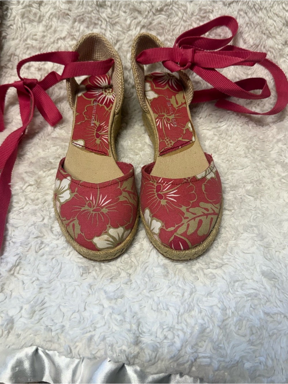Tommy Hilfiger Pink Floral Ankle-Tie Espadrille Wedges